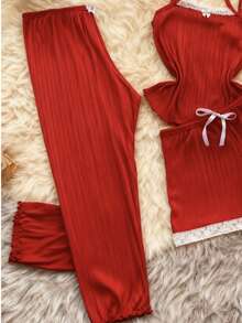 Women's 3-Piece Trio Pajama Set: Tank Top, Shorts, And Pants. Comfortable Ribbed Fabric. - Red - View 3