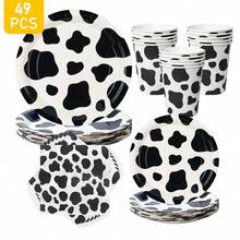 Black & White Cow Print Disposable Plate, Napkin, Cup Set, Plates, Napkins And Cups Party Supplies, Serves 8 Guests, Disposable Paper Plates Party Tableware Suitable For Birthday, Wedding, Theme Party, Family Picnic - Multicolor - View 1