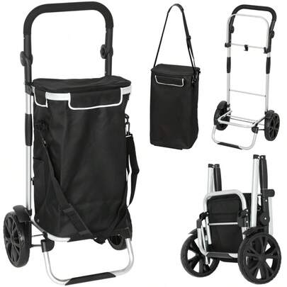 HOMCOM 3-In-1 Folding Shopping Trolley With 40L Capacity, Loadable Trolley Up To 25kg With Cooler Compartment, Black