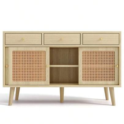 Sideboard, Chest Of Drawers With 3 Drawers And 3 Sliding Doors, Rattan Weave On The Door Fronts, Solid Wood Legs, Gold Metal Bar Handle, Adjustable Shelves, Oak, 120 X 40 X 78 Cm