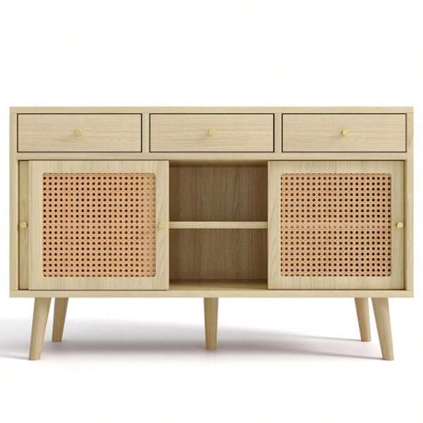 Credenza, cassettiera con 3 cassetti e 3 ante scorrevoli, intreccio in rattan sui frontali delle ante, gambe in legno massello, maniglia a barra in metallo dorato, ripiani regolabili, rovere, 120 x 40 x 78 cm