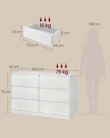 Colección Kailyn - Cómoda de 6 Cajones para Dormitorio, Armario de Almacenamiento, Mueble para Ropa, 40 x 119,4 x 75 cm, Estilo Moderno, Blanco Nieve - Blanco - Ver 4