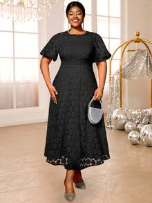 Black Lace Dresses A Line Party Short Puff Sleeves With Lining Plus Size Women Birthday Gowns Elegant Summer - 黑色 - 查看 3