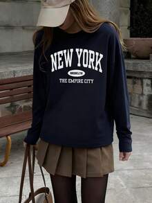 Women's Autumn And Winter NEW YORK Slogan Graphic Round Neck Long Sleeved T Shirt ,Casual Loose And Versatile Holiday Style Tops,Fashionable Fall Women Clothes Suitable For Daily Wear
