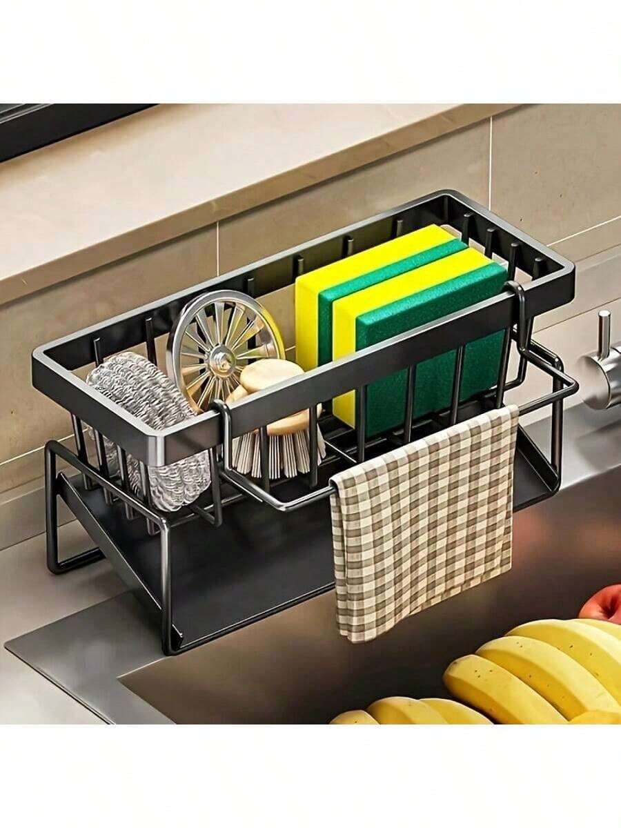 1pcs Effective Draining Kitchen Sponge Shelf, Soap Holder, Stainless Steel Material Is More Sturdy, Slope Design Is Free From Water Accumulation, Towel Independent Rack Effective Anti-Mold, Kitchen Storage - Black - View 1