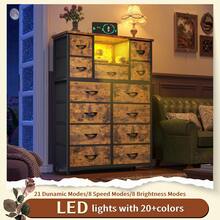 EnHomee 47" Tall 13-DrawerDresser With 4 Charging Ports And  LED Light , Fabric Organizer With Open Shelves & Wood Top For Multi-Room Use, Rust Brown - 查看 6