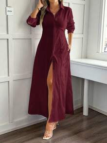Unadoll 女士春季衬衫领连衣裙，纽扣设计，腰带，开领款式，优雅大方，适合旅行、外出、生日、晚宴、约会、派对、情人节等各种场合。 - 酒紅色 - 查看 7