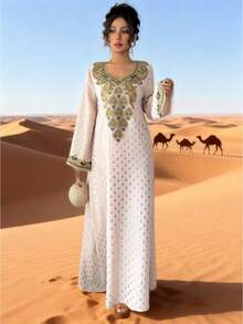 Women's V-Neck Embellished Flared Sleeve Flowy Dress ,Arabic Style Jalabiya Dresses For Women Casual , Spring/Summer, Arabian Dresses, Modest