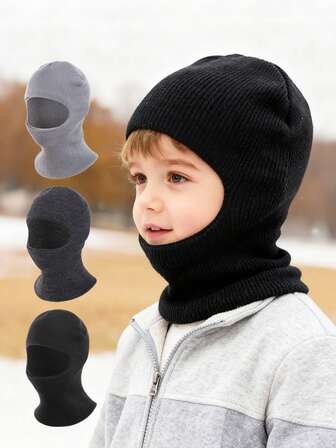 1 buc Căciulă Balaclava pentru copii, 1-8 ani, culoare solidă, tricotată, caldă, moale, protectoare, drăguță, casual, tricotată cu dublu pompon, potrivită pentru exterior, utilizare zilnică în toamnă/iarna