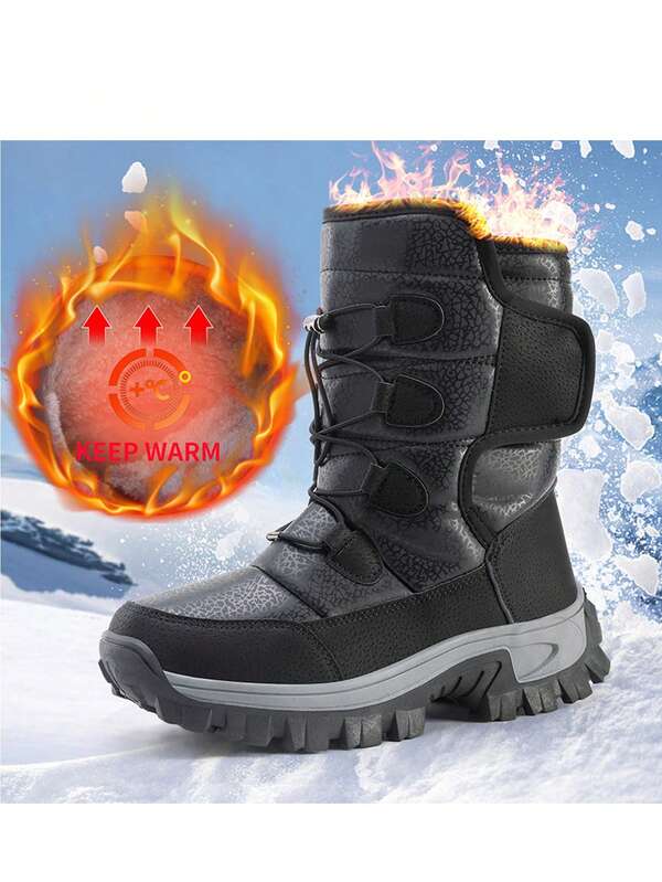 Men's Outdoor Hiking Snow Boots, Slip-Resistant, Leather Upper, Thermal Lining, Warm, Hook And Loop Closure, High-Top Military Style, Winter (Run Small By Half Size)