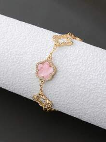 1pc Luxury Elegant Rhinestone Hollow Clover & Flower Charm Bracelet For Women (No Gift Box) - Pink - View 2