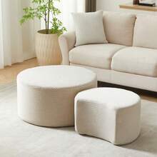 Coffee Table Set, 2-Piece, Upholstered Round Coffee Tables, Set Of 2 For Living Room, Modern Round Foam Coffee Table, Side Table, Ottoman, No Assembly Required - Beige - View 5