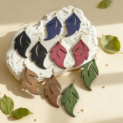 5 Pairs Elegant Natural Wooden Leaf Shaped Earrings, Boho/Countryside Style Fashion Jewelry For Women, Suitable For Vacation And Party, Lightweight, Celebration Accessories, Gift For Her