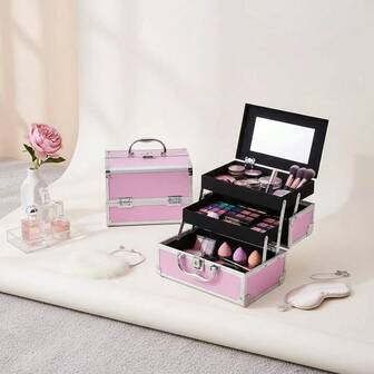 Professionell sminkväska - Snygg rosa flerskiktad kosmetikaförvaringslåda med spegel - Bärbar, kompakt design för hudvård, smink och parfym - Perfekt för resor, sminkväska för resor | Snygg sminkväska | Hållbar sminkförvaring, sminkväska