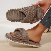 Fall Winter Womens Memory Foam Slippers Open Toe Slide Shoes For Indoor Outdoor House Cotton Fuzzy Bedroom Slippers - 棕色 - 查看 5