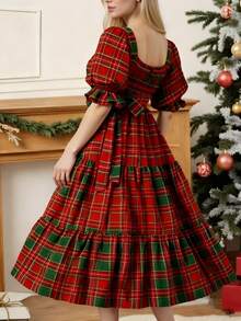 Women's Christmas Smocked Maxi Dress 2025 Fall Casual Puff Sleeve Plaid Print Ruffle Long Flowy Dress Casual Swing Babydoll Dress Xmas Holiday Party Outfit - 紅色 - 查看 3