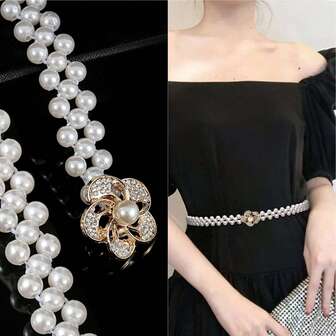 1条女士纤细腰带，配金色玫瑰花和水钻扣，弹力珍珠腰带，时尚日常配饰