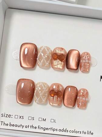 10Pcs Handmade Oval Shaped Fake Nail Stickers, Blue And Gold Blending With 3D Floral Decoration, Light Luxury And High-End, Versatile In Winter Y2K Style -Suitable For Girls And Women, Reusable For Weddings, Parties, Festivals And Other Occasions