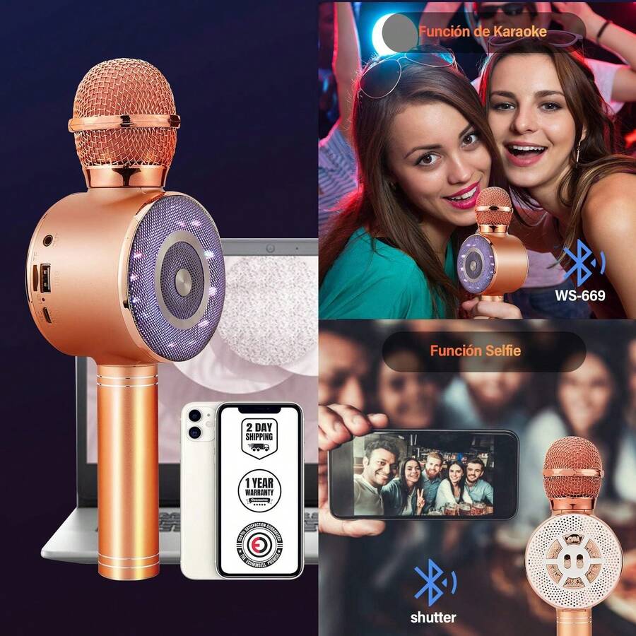 Micrófono de Karaoke Inalámbrico, 4 en 1Micrófono Bluetooth con Altavoz y LED, Portátil con Función Selfie y Eco,Grabadora Reproductor KTV Casero para Niños Adultos Compatible con Android/iOS Teléfono - 1 - Ver 1