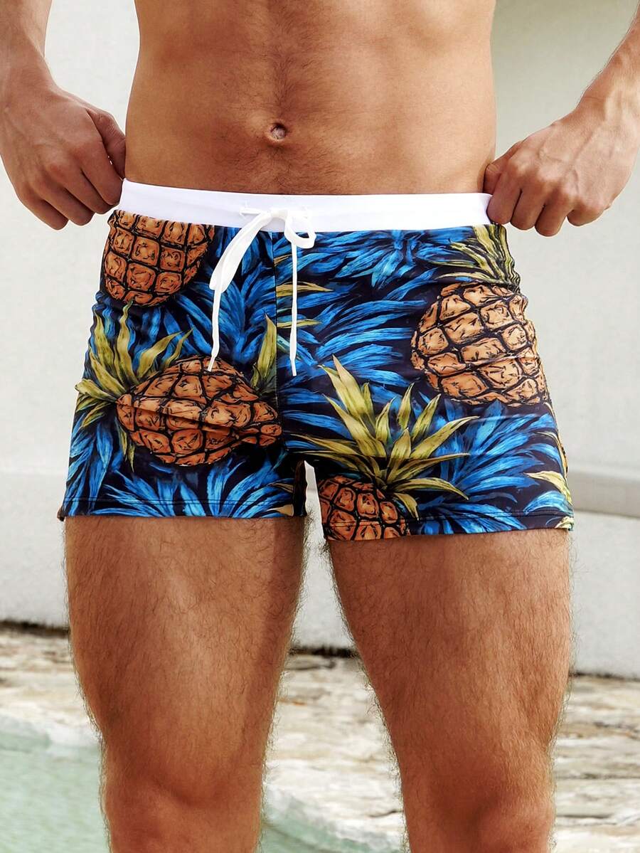 European & American Style Men's Casual Pineapple Leaf Printed Drawstring Swim Trunks