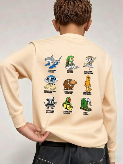 Tween Boy Italian Brainrot Graphic Long Sleeve T-Shirt, Autumn/Winter Tops