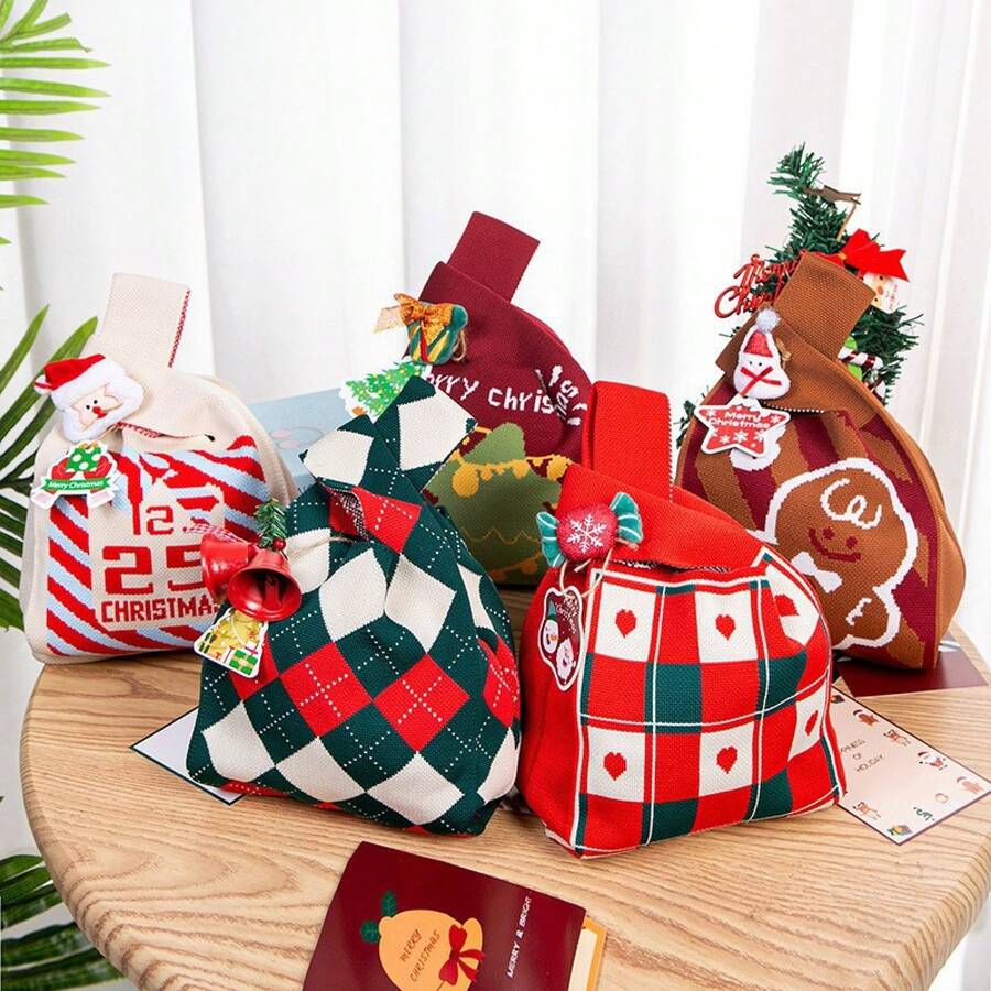 Christmas Knitted Gift Bag Candy Bag New Year Gift Bag Creative Gift Bag Retro Plaid Small Square Bag Christmas Eve Apple Bag Handheld - Nút thắt quà tặng màu xanh lá cây (không bao gồm phụ kiện) - Xem 1