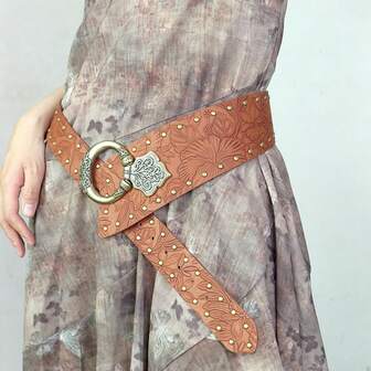 1 pieza Cinturón de estilo vaquero occidental con remaches, con patrón floral vintage