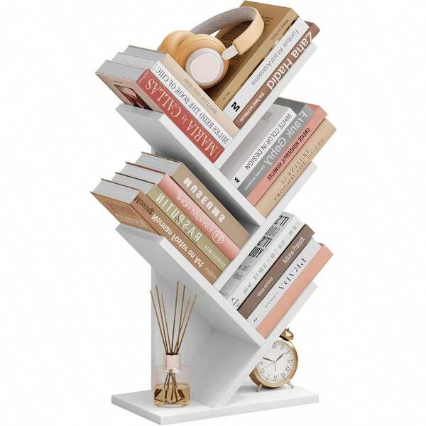4 Tier Tree Bookshelf 4 Shelf Bookcase Free Standing Tree Bookcase Display Floor Standing Shelf For Books Book Organizer Shelves For Home Office Living Room Bedroom White