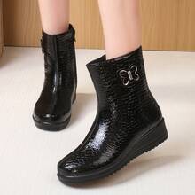 1 paire de bottes d'hiver légères et chaudes avec motif géométrique de style occidental, avec nœud en strass, fermeture éclair, texture de pierre et semelle en caoutchouc antidérapante - Noir - Voir 14