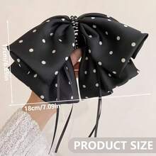 Large Chiffon Silk Hair Bow For Women Mesh Big Bows Hair Clips With Pearls Crystal Tulle Hair Barrettes Long Tail Bowknot Hair Accessories (Polka Dot Black)PolkaDotBlack - 波爾卡圓點黑色 - 查看 5