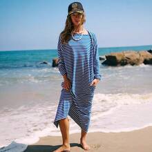 Locker geschnittenes, gestreiftes langes Kleid für Frauen in Übergröße, langärmliges Haus-Schlafkleid, lockeres Strandkleid, Damenbekleidung