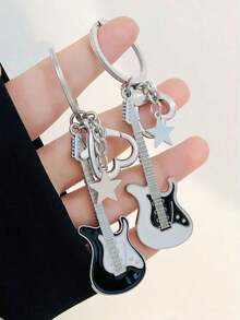 2pcs/Set Punk Hip-Hop Y2k Style Sexy Heart Star Guitar Pendant Keychain, Unisex Couple Backpack Hanging Decoration Accessories For Music Festival, Valentine'S Day Gift Valentines - 黑與白 - 查看 7