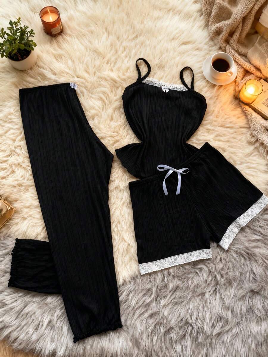 Women's 3-Piece Trio Pajama Set: Tank Top, Shorts, And Pants. Comfortable Ribbed Fabric. - 黑色 - 查看 1