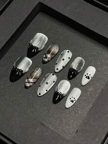 Bộ 10 chiếc - Móng vuốt mèo giả ngọc trai màu đen sang trọng, trang trí móng tay thủ công, phụ kiện làm móng, móng giả dán thủ công. - màu đen - Xem 3