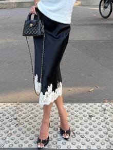 Women Silk Satin Half Slip Long Skirts Lace Patchwork Elastic Waist Long Skirt Elegant Silky Flowy A Line Midi Skirts - 黑色 - 查看 3