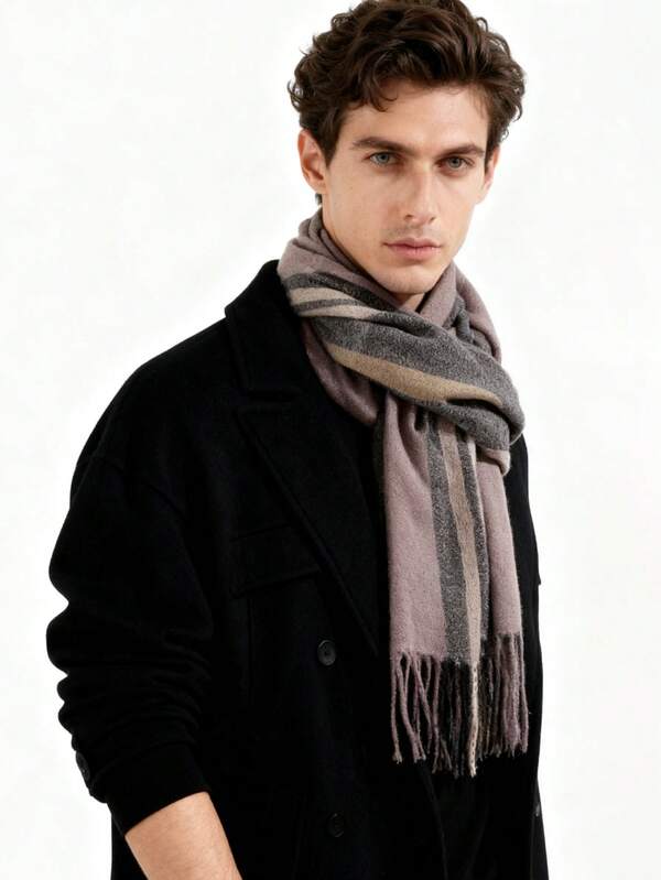 1pc Men's Casual Fashionable Tassel Scarf, Suitable For Winter Plaid Scarf, Daily Outfits