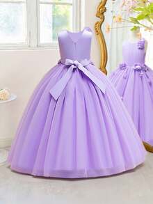 Tween Girls Floral Mesh Elegant Party Princess Dress, Suitable For Birthday, Hosting Events, Excluding Headband - Purple - View 2