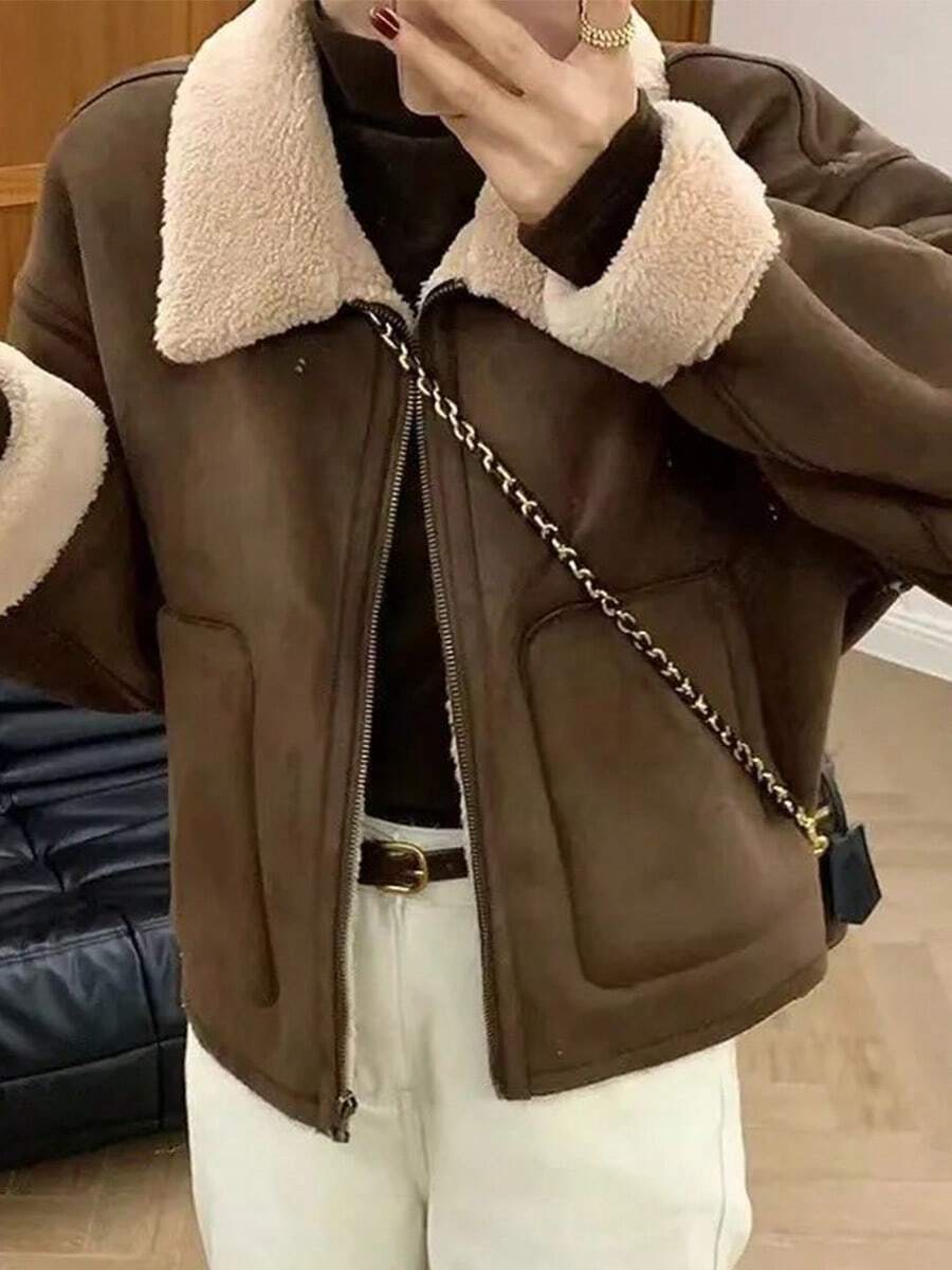 Un abrigo de piel de cordero Mujeres Otoño e Invierno engrosada solapa Ropa de moto Chaqueta Tops Versátil abrigo de piel de cordero con forro de borreguillo para mujer Otoño/Invierno Novedad Chaqueta motera con cuello grueso Abrigo cálido de borreguillo con forro polar Otoño/Invierno Estilo británico Lujoso Versátil A la moda Top con cuello de borreguillo - Café integral - Ver 1