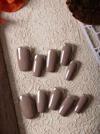 XEERCOOU 10pcs Press On Nails Dark Brown Brown French Style Golden Line Minimalist Office DailyWear False Nails Artificial Nails Kit Nail Supplies Includes 1sheet Adhesive Tabs &1 Pc Mini File Nail Art DIY