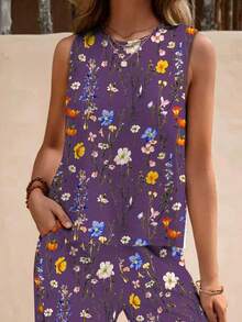 Bộ áo tank top cổ tròn in họa tiết, cạp chun và quần dài cho nữ, thích hợp cho mùa hè. - Màu tím - Xem 3