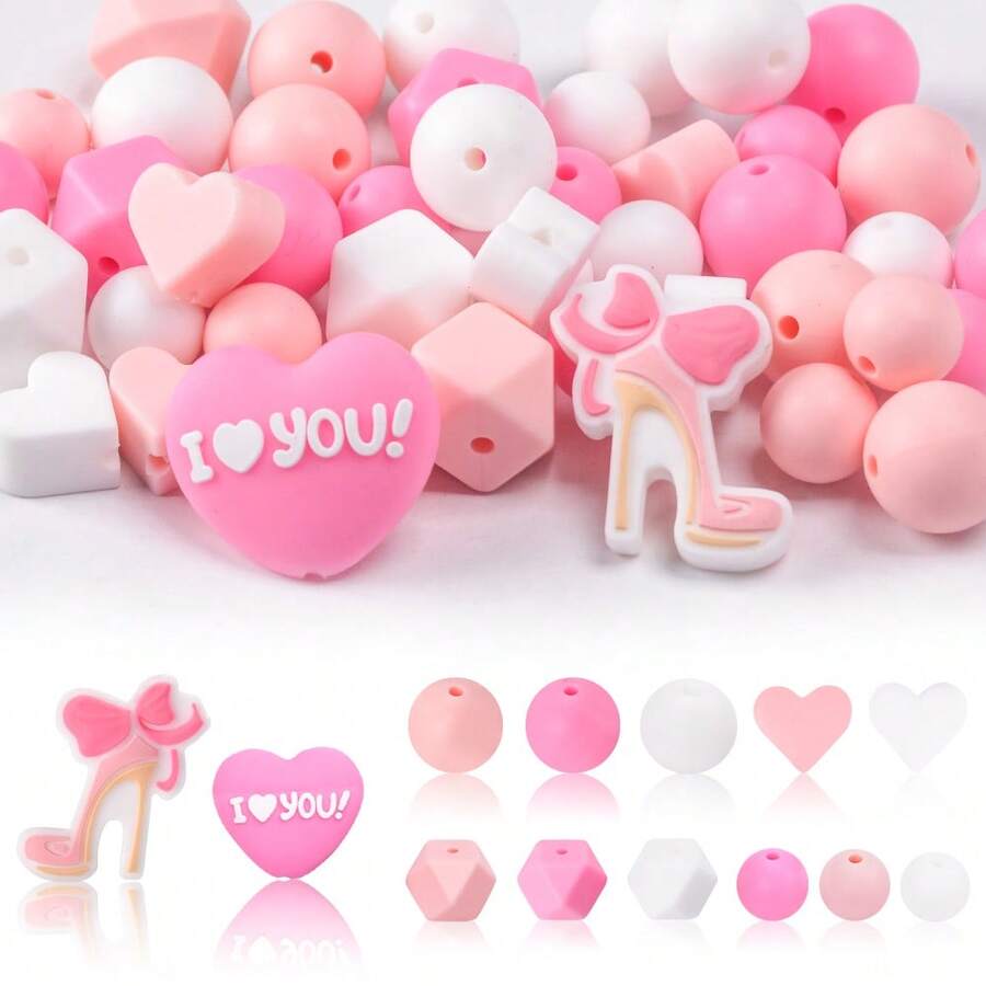 44pcs Core Silicone Beads DIY Jewelry Making Kit With High Heel, Heart, Bow For Necklace, Bracelet, Keychain Craft, Creative Fashion Gift For Women Girls, Craft Lovers - Heart-shaped Mixed Set - View 1