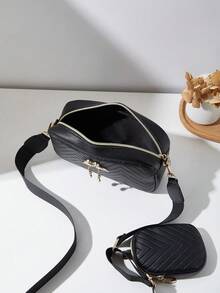 2pcs/Set Embossed Swan Decor Shoulder Crossbody Bag, Fashion Small Square Bag Charm & Coin Purse - Black - View 6