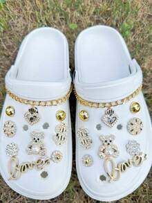 20pcs DIY Hollow Wooden Clogs Accessories, Gold Sequin Electroplated ABS Pearl, Bear, Crown, Pearl, Dollar Metal Chain Shoe Charms Decorations, Suitable For Mules, Slides, Garden Shoes, Beach Bags, Removable Ornaments, Holiday Gifts, All Season