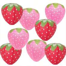8-Inch Strawberry Paper Lantern, Red And Pink Hanging Strawberry Decor, Fruit Theme Party Decoration