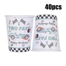 10/20/40/60pcs,Blue Two Fast Racing Car Birthday Party Supplies Set - Race-Themed 9oz Paper Cups With Checkered Flags, Number 1( F3) & "Two Fast" Text - Disposable Cups For Race Car Birthday Party Decorations - Multicolor - View 9