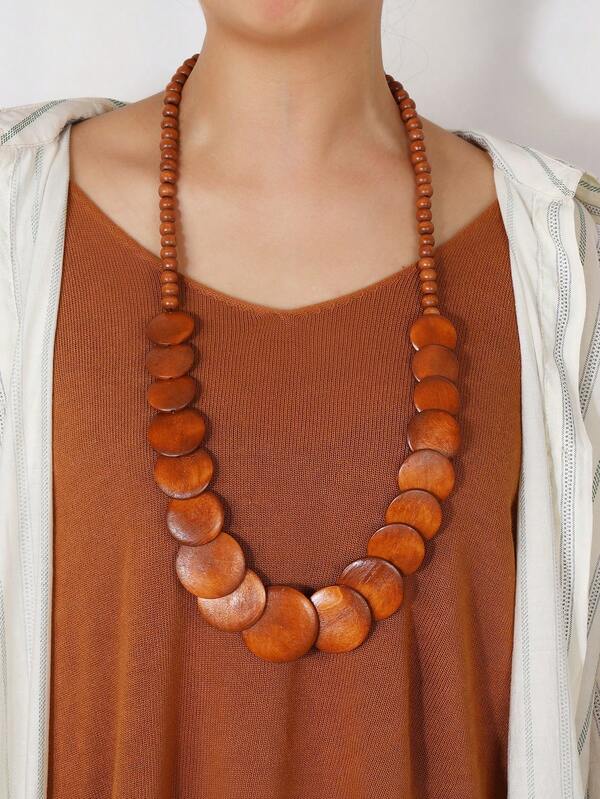 Wooden Retro Minimalist Long Beaded Necklace, Suitable For Sweaters