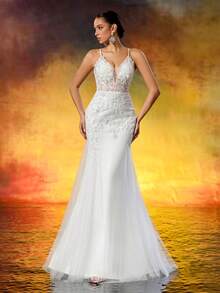Elasola Spaghetti Strap Gorgeous Beaded Wedding Dress, Hip-Wrapped Mesh Elegant Brida Gown - White - View 5