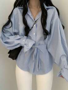 Women's Casual Unique Collar Striped Long Sleeve Loose Button-Up Blouse Shirt - Blue and White - View 2