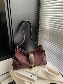 1 Pc Retro Matte Imitation Suede PU Handbag, Simple Solid Color Women's Handbag, Adjustable Shoulder Strap With Knotted Rope, Casual Shoulder Bag, New Model Suitable For Many Scenes - Coffee - View 6