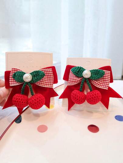 2个樱桃图案针织发夹，可爱公主蝴蝶结发饰，适合女孩